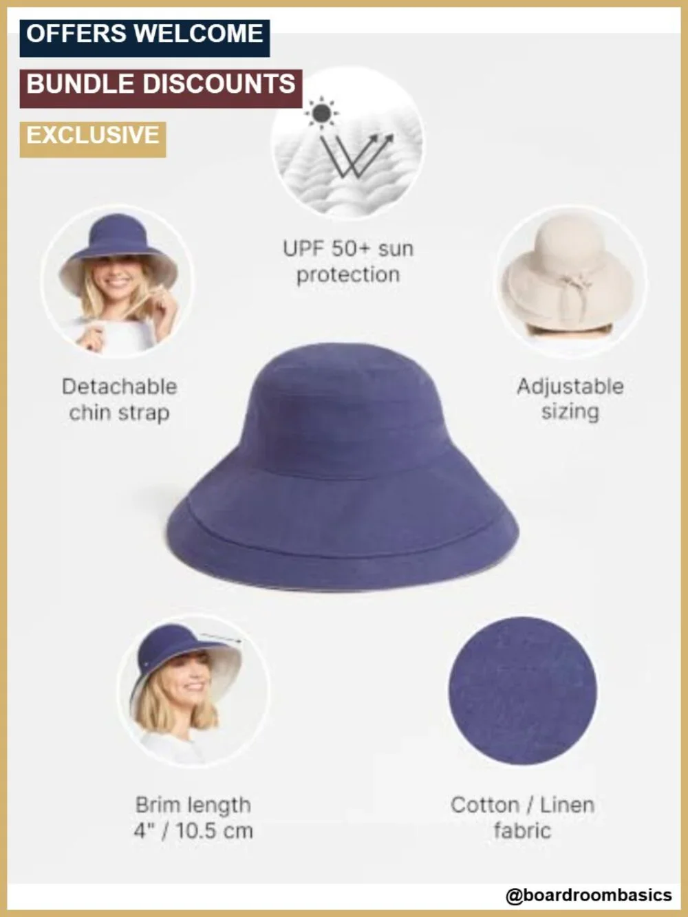 UPF 50+ Reversible Wide Brim Sun Hat Natural Cotton Linen Blend